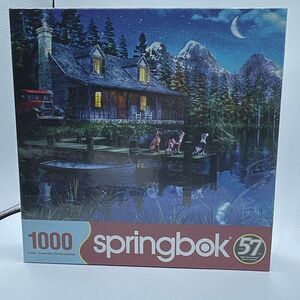 NEW Springbok sealed Moonlit Night 1000 piece puzzle Cabin Mountains dogs
